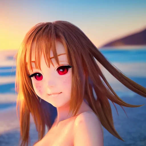 Image similar to Render of a very beautiful 3d anime girl, long hair, hazel eyes, cute freckles, full round face, oiled, short smile, cute bikini, golden hour, serene beach setting, cinematic lightning, medium shot, mid-shot, highly detailed, trending on Artstation, Unreal Engine 4k