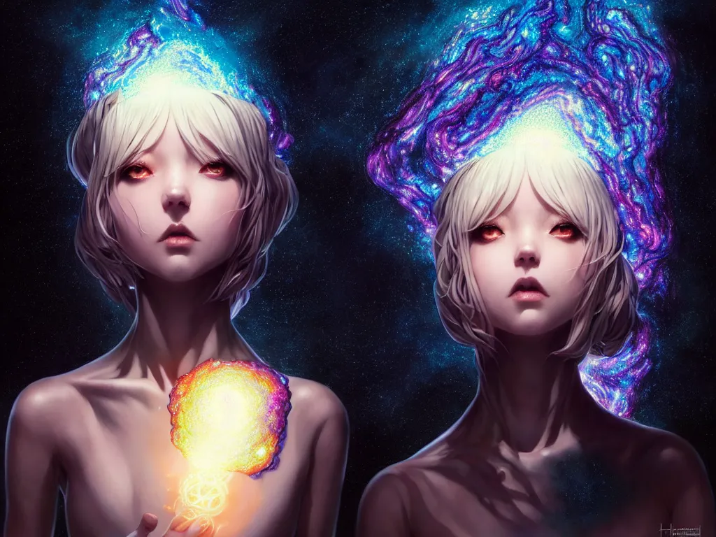 Image similar to azathoth girl wearing a dress made of milky way, conquest the earth, occlusion shadow, specular reflection, rim light, unreal engine, artgerm, artstation, art by hiroaki samura and ilya kuvshinov and ossdraws, intricate, highly detailed 8 k, fantasy illustration, extremely beautiful and aesthetic shape of face and body