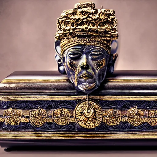 Image similar to Ornate Embellished Casket with Ancient Mummy King rising out Treasure Jewels Coins Dark Fantasy Art HDR