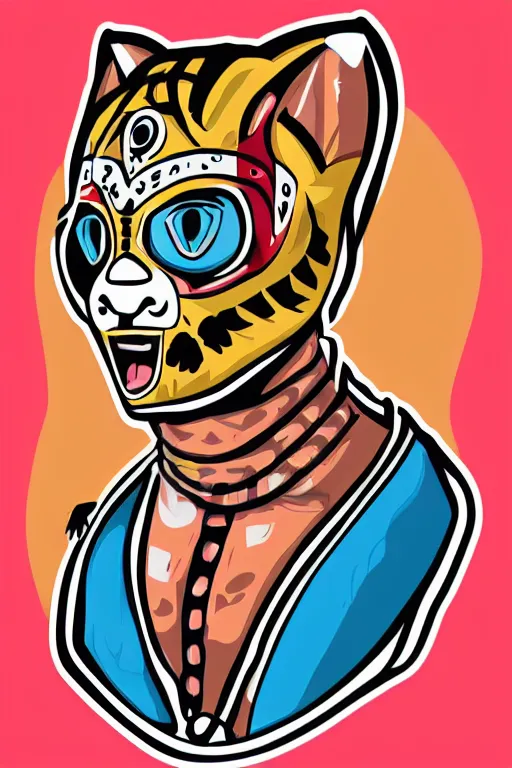 Image similar to Portrait of a cat as a Mexican wrestler in a mask, sticker, colorful, illustration, highly detailed, simple, smooth and clean vector curves, no jagged lines, vector art, smooth