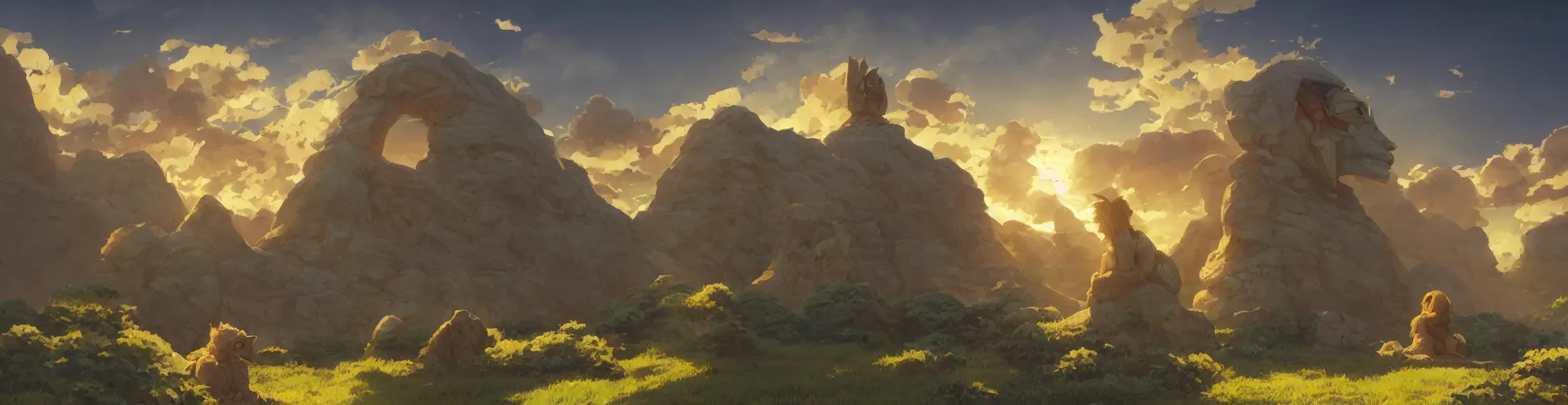 Prompt: A landscape of very detailed sphinx statue, Studio Ghibli, sunny backlight sunset sky, animated, anime, illustrated, vibrant, by Greg Rutkowski, dungeons and dragons on artstation