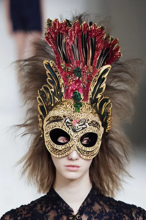 Prompt: valentino resort ss 2 0 1 7 with ornate mask headpiece