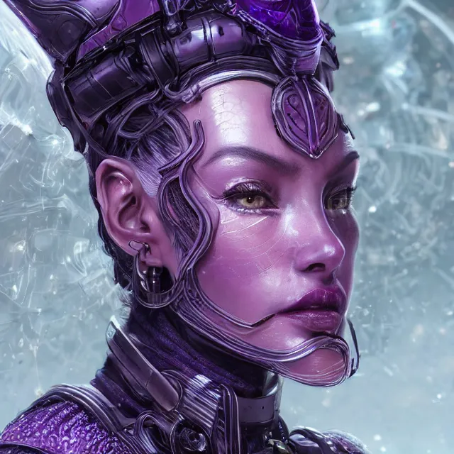 Prompt: close up portrait of a woman in powerful purple sci - fi armor with a black ponytail, elegant, stoic, intense, ultrafine hyperdetailed illustration by kim jung gi, irakli nadar, intricate linework, sharp focus, bright colors, octopath traveler, final fantasy, unreal engine 5 highly rendered, global illumination, radiant light, detailed, intricate environment