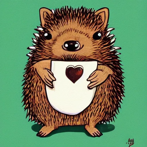 Prompt: hedgehog wearing a t - shirt, biting on t - shirt, mouth on shirt, shirt in mouth, cute, adorable, hedgehog, painted by tara mcpherson, art