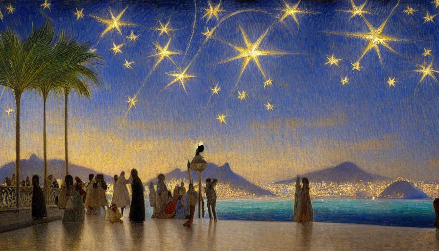 Image similar to a ultradetailed beautiful painting of the night sky of the rio de janeiro palace balustrade designed by jules bastien - lepage, tarsila do amaral, frank weston and gustave baumann, beach, trending on artstation, mediterranean, palm trees, sharp focus, lightning star sparkles refraced lines, soft light, 8 k