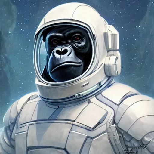 Prompt: science-fiction character portrait of a gorilla wearing a white armored space suit, intricate, wild, highly detailed, digital painting, artstation, shoulders up, concept art, smooth, sharp focus, illustration, art by artgerm and greg rutkowski and alphonse mucha