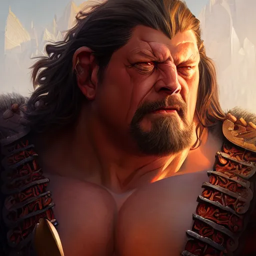 Prompt: richard herring is an incredibly muscular barbarian king looking at you with anger from his throne, highly detailed, digital painting, artstation, sharp focus, illustration, art by artgerm and irakli nadar and greg rutkowski and alphonse mucha