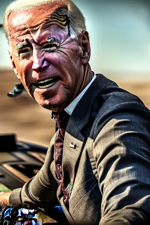 Image similar to [a still of Joe Biden in the movie Mad Max (2015), 4k, HD, high quality, octane]
