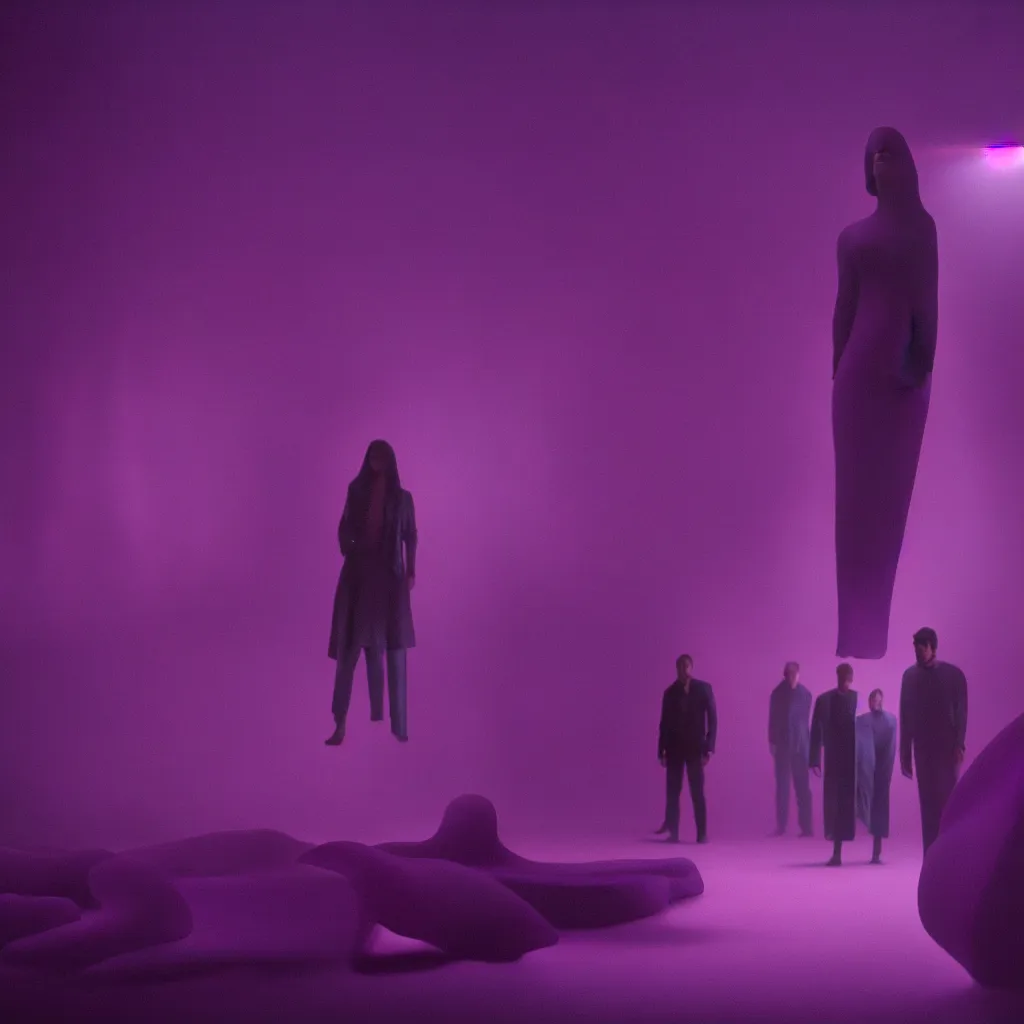 Image similar to cinestill of a giant form made of purple wax float through the living room film still from the movie directed by denis villeneuve with art direction, pouring rain menacing lights shadows, 8 k, hd, high resolution, 3 5 mm, f / 3 2, ultra realistic faces, lost highway