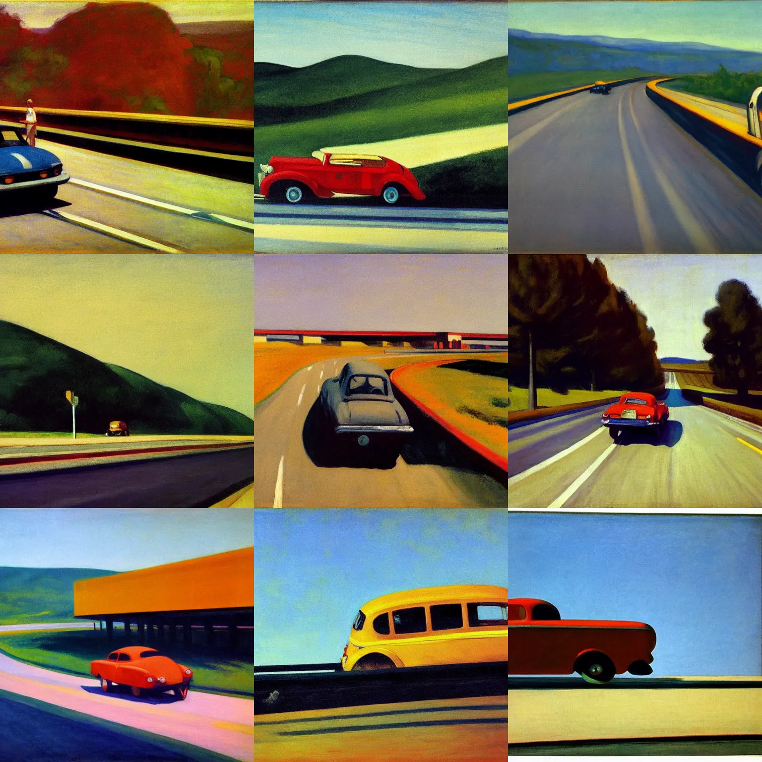Prompt: car on highway, edward hopper painting