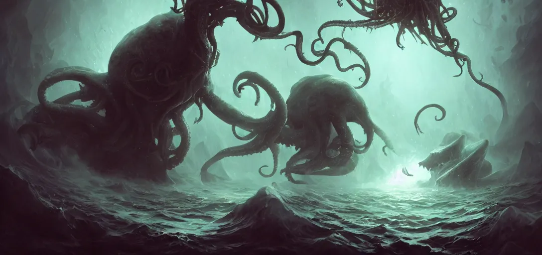 Prompt: cthulhu underwater eating a void fish, by peter mohrbacher dan mumford craig mullins nekro, cgsociety, pixiv, volumetric light, 3 d render, smoke, dark fog, high contrast colors