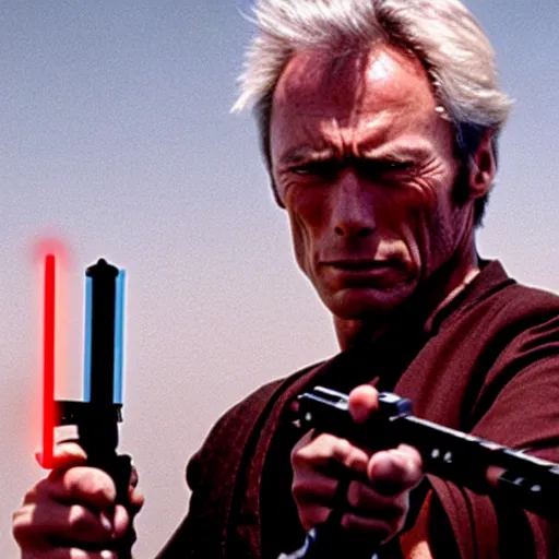 Image similar to clint eastwood holding lightsaber in star wars episode 3, 8k resolution, full HD, cinematic lighting, award winning, anatomically correct