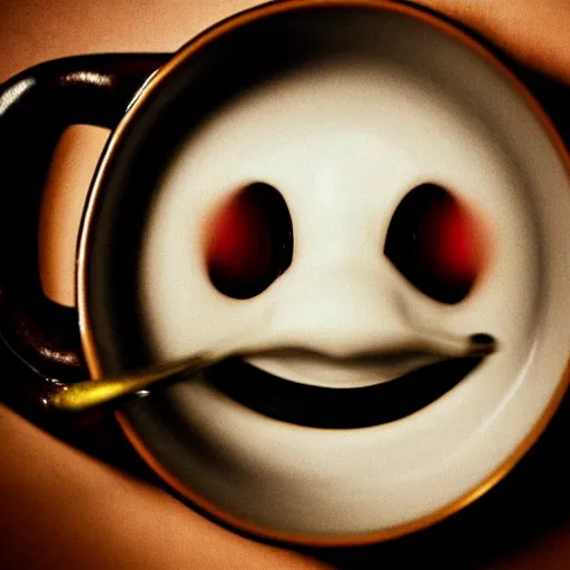 Image similar to a creepy smiling face with open mouth peering out of a teacup, photograph, haunting image