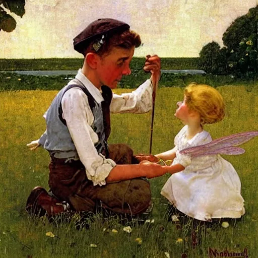 Image similar to A man and his little fairy friend. A painting by Norman Rockwell.