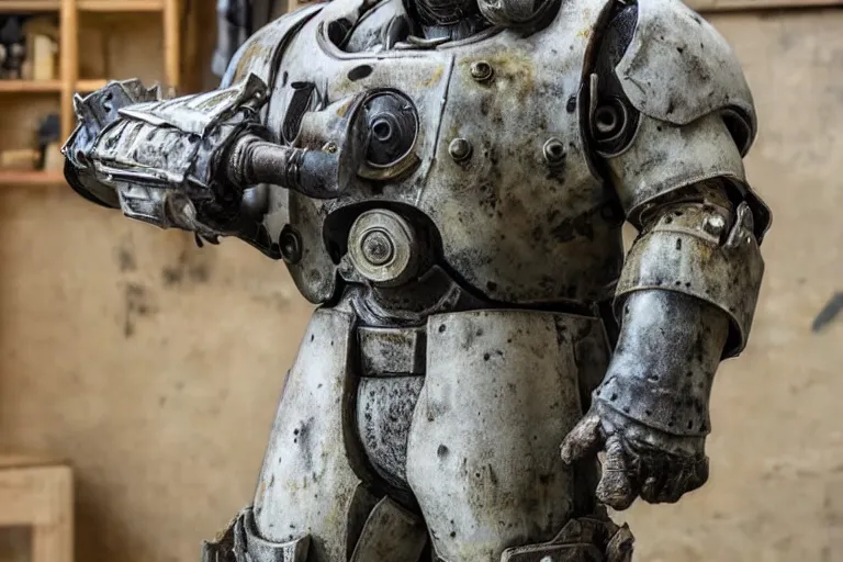 Prompt: photo taken of an epic intricate, ultra detailed, super realistic gritty, hero prop, exquisitely weathered very clunky, bulky fallout 5 power armour suits movie prop replica's in a row in the workshop, created by weta workshop, full body shot, photorealistic, sharp focus, white wall, cold colour temperture, golden ratio