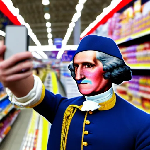 Image similar to professional color photo of george washington taking a selfie in walmart, 4 k