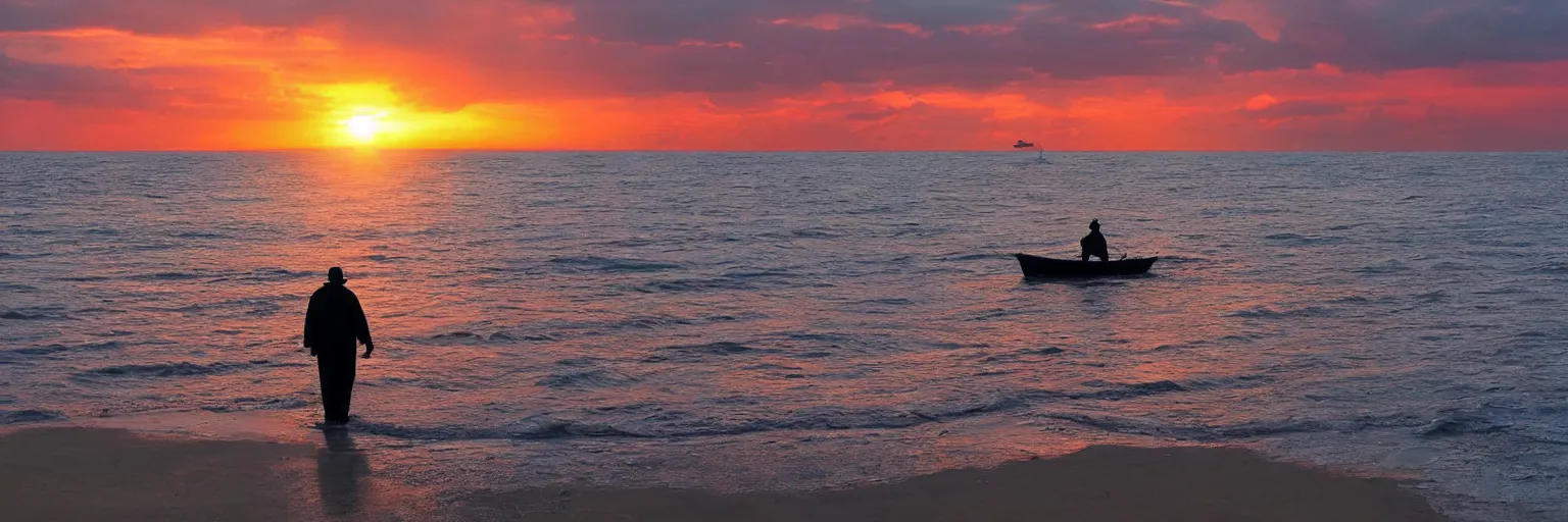 Image similar to an old fisherman walking on the beach overlooking a sinking spaceship in the ocean. sunset and colorful sky, two suns