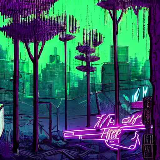 Prompt: cyberpunk magic swamp neon trees