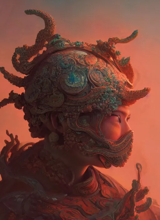 Image similar to Helmet of a forgotten Deity, translucent corals, extremly detailed digital painting, in the style of Fenghua Zhong and Ruan Jia and jeremy lipking and Peter Mohrbacher, mystical colors, rim light, beautiful lighting, 8k, stunning scene, raytracing, octane, trending on artstation