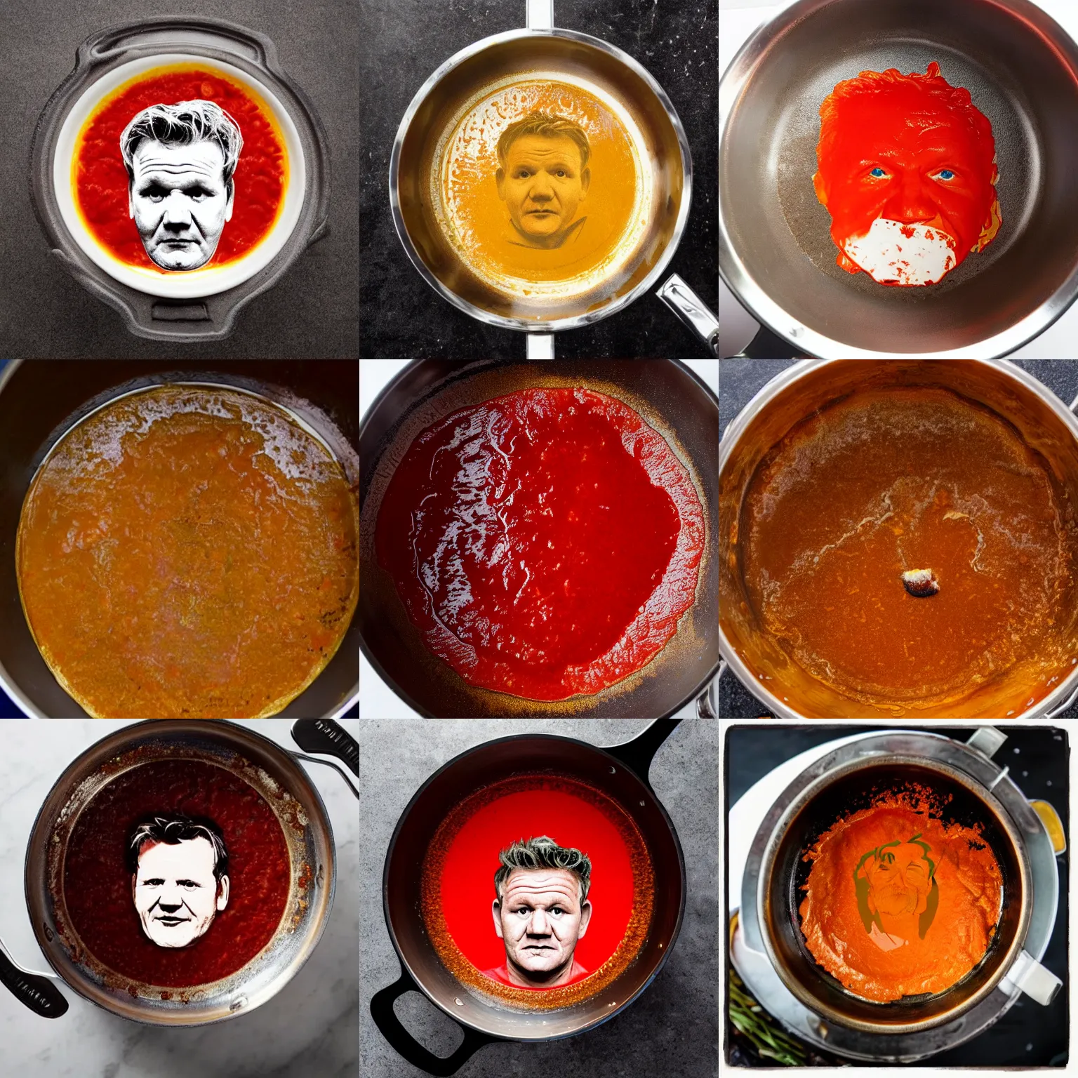 Prompt: gordon ramsay face imprint in a pot of lamb sauce