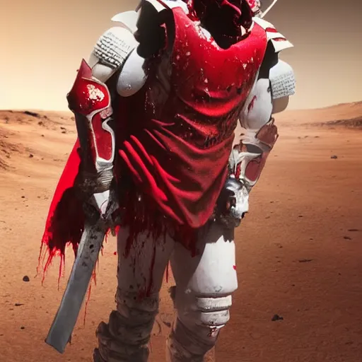 Prompt: a tall muscular soldier wearing blood-spattered glossy sleek white dinged scuffed armor and a long torn red cape, heroic posture, determined expression, elegant, no helmet, on the surface of mars, dramatic lighting, cinematic, sci-fi, hyperrealistic, detailed