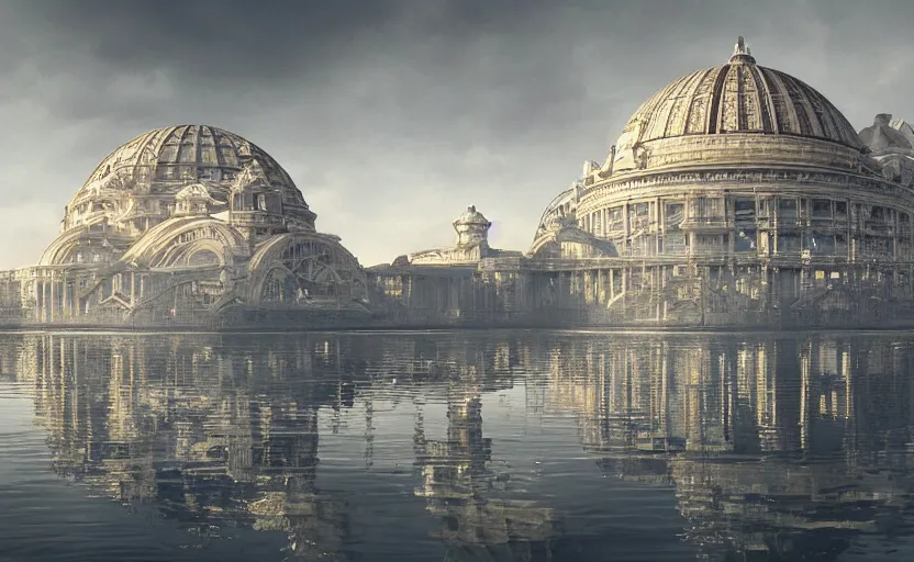 Prompt: Neoclassical building with dome in the middle lake, hyperrealistic mixed media, stunning 3d render inspired art by P. Craig Russell and Barry Windsor-Smith + perfect facial symmetry + dim volumetric lighting, 8k octane beautifully detailed render, post-processing, extremely hyperdetailed, intricate futuristic mechanic parts, epic composition, grim yet sparkling atmosphere, cinematic lighting + masterpiece, trending on artstation