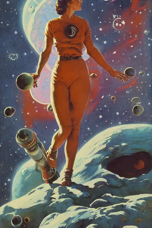 Image similar to 5 0 s pulp scifi fantasy illustration full body portrait slim woman on rocky mars, background of spaceship space nebula, by norman rockwell, edd cartier, roberto ferri, jack kirby, howard v brown, ruan jia, jason fabok, tom lovell, frank r paul, dean cornwell, astounding stories, amazing, fantasy, other worlds