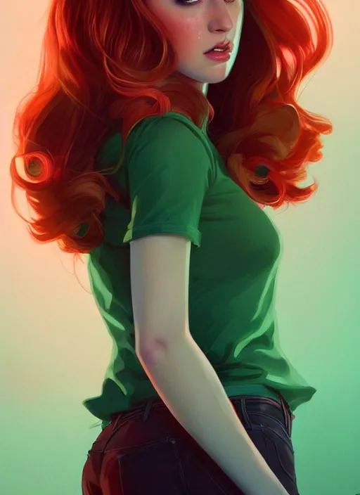 Image similar to full body portrait of teenage cheryl blossom, bangs, green eyes, mischievous expression, red hair, sultry smirk, bangs and wavy hair, intricate, elegant, glowing lights, highly detailed, digital painting, artstation, concept art, smooth, sharp focus, illustration, art by wlop, mars ravelo and greg rutkowski