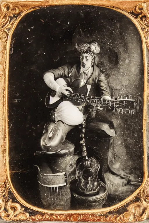 Prompt: a wet plate photo of an anthropomorphic rooster minstrel with a lute