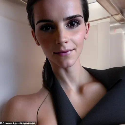 Image similar to a woman who is a genetic combination of kim kardashian and emma watson face and upper - body focus