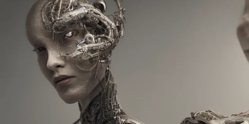 Image similar to hyper realistic photography of a beautiful cyborg female, intimate holding close, in the style of beth cavener, jin kagetsu, wlop, westworld opening scene, highly detailed, intricate filigree, symmetry, masterpiece, concept art, highkey lighting, ambient lighting, octane render, 8 k, artstation