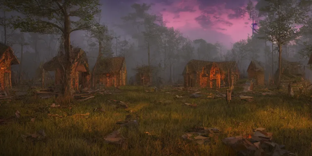 Image similar to an abandoned forest village in dnd at dusk, high definition