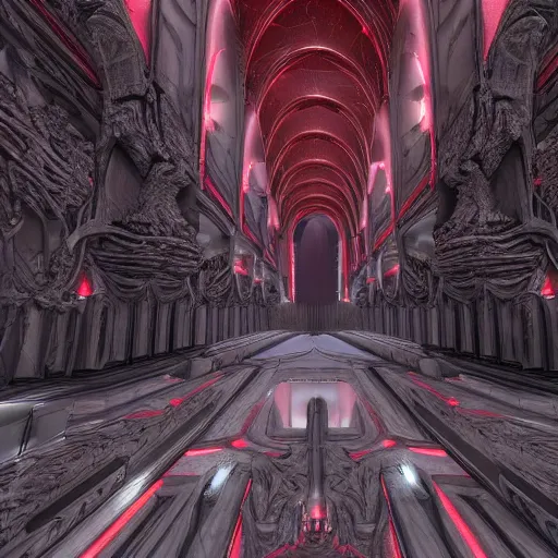 Image similar to alien biotech cathedral made of dark grey marble with light red veining and highly detailed ornaments extruding the complex surface, photorealistic, high quality lenses, cinematic lighting, volumetric lighigh quality environment, next gen rendering, nvidia