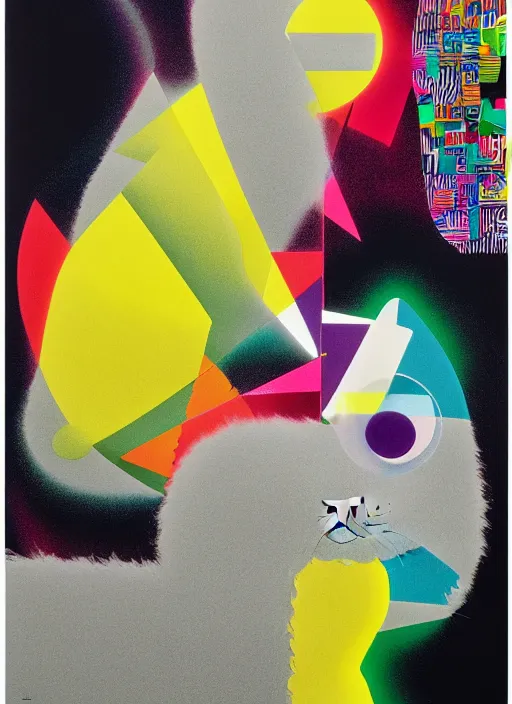 Image similar to futuristic lasers tracing, laser cat, selkirk rex longhair, by steven meisel, kaws, rolf armstrong, mondrian, kandinsky, perfect geometry abstract acrylic, octane hyperrealism photorealistic airbrush collage painting, dark monochrome, fluorescent colors, minimalist rule of thirds, eighties eros