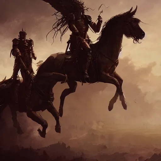 Image similar to the four riders and their horses of the apocalypse, digital Art, Greg rutkowski, Trending artstation, cinematographic, hyperrealistic