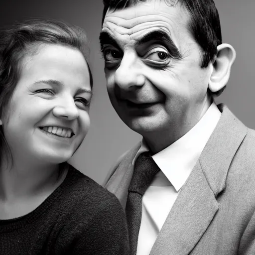 Image similar to A portrait mr bean elizabeth teams up with a teenage mr bean, perfect faces, 50 mm, award winning photography