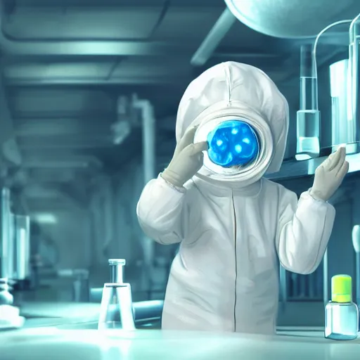 Prompt: A cute baby scientist wearing hazmat suit in the lab, biohazard, detailed eyes, award winning art by beeple