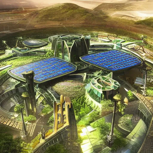 Prompt: a massive futuristic castle overlooks a sprawling advanced city with modern, renewable energy, beautiful, well-designed, green and lush, bright and colorful, earthy and solid buildings, solarpunk, photorealistic