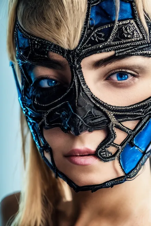 Prompt: portrait of a beautiful young woman wearing a hyper detailed laced sheer black mask detailed stitching, blond hair, blue eyes, beautifully lit,, cinematography, 8 k post production, atmospheric background, ambient occlusion, global illumination