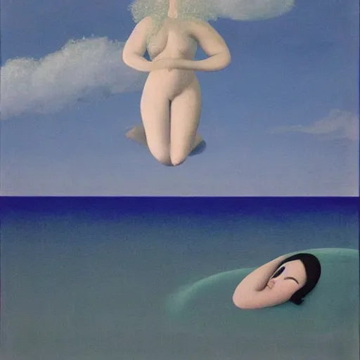 Prompt: very detailed, beautiful painting of bjork levitating above the wavy ocean into a gray sky. shaded. art by rene magritte, 1 9 2 7. oil on canvas.