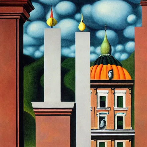 Prompt: filmic 1970's 1925 city sphere chickadee cornice monolith source , by Rene Magritte and Frida Kahlo and Albrecht Durer , Concept Art , detailed painting , pop art