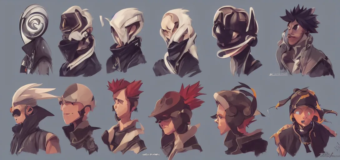 Prompt: concept art of male video game characters head designs, disgaea, flcl, hearthstone, unique silhouettes, cute casual streetwear, by marc brunet and artgerm