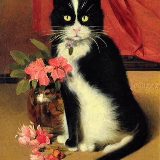 Prompt: oil portrait of black cat with a vase of flowers, ronner - knip henriette, classicism, academism, fine arts journal cover