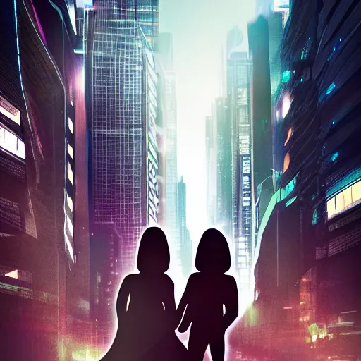 Image similar to two androids holding a human baby in a futuristic city scape. cinematic shot.