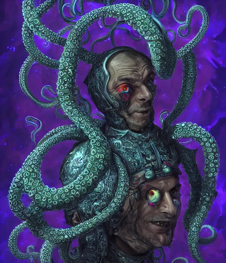 Image similar to front!!! shot of a court jester!!! character, mesmerizing fractal hypercubes, tentacles!!, dark holography!!!, future, metallic galactic, crystalline edges, polygonal, elegant, highly detailed, centered, (((artstation, concept art, jagged, sharp focus, artgerm, Tomasz Alen Kopera, Peter Mohrbacher, donato giancola, Joseph Christian Leyendecker, WLOP, Boris Vallejo))), ((raytracing)), mugshot!!!!!, ugly!!!!!!, octane render, nvidia raytracing demo, octane render, nvidia raytracing demo, octane render, nvidia raytracing demo, 8K