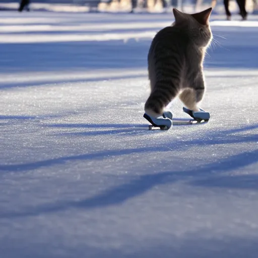 Prompt: Cat on Ice skates playing Hockey in the park, 40nm lens, shallow depth of field, split lighting