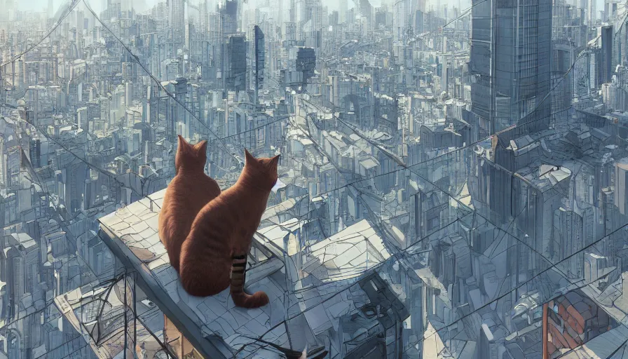 Prompt: Cat admiring Tokyo from the roof of a building, hyperdetailed, artstation, cgsociety, 8k
