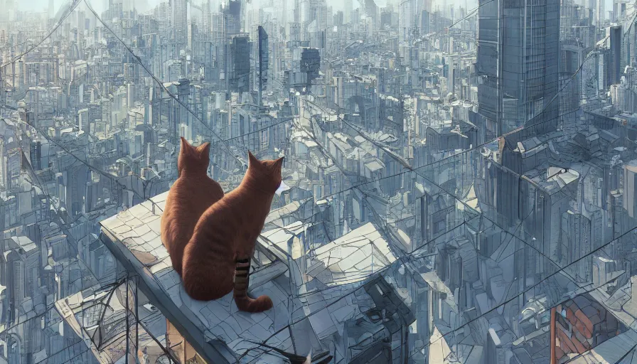 Image similar to Cat admiring Tokyo from the roof of a building, hyperdetailed, artstation, cgsociety, 8k