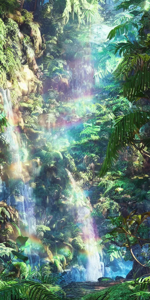 Prompt: sparkling pastel rainbow dye maguk waterfall kakadu, animation art, breath of the wild, studio ghibli style, sun rays, fantasy feeling, lush vegetation and fern gorge, plants, miyazaki, shinkai makoto, hyper detail, octane render