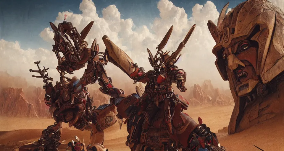 Image similar to realistic portrait beautiful detailed renaissance painting of cinematic movie scene, voltes v build up in sahara dessert. action sequence, created by gustave dore and greg rutkowski, high detailed, smooth draw, synthwave neon retrofuturism, intricate, realistic proportions, dramatic lighting, trending on artstation.